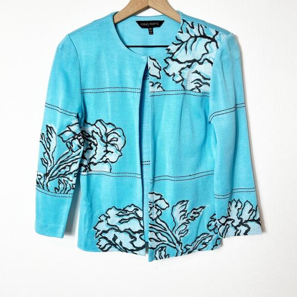 Ming Wang Blue White Jacket Black Sleeve Embroidered Jacket XS New - Picture 2 of 8